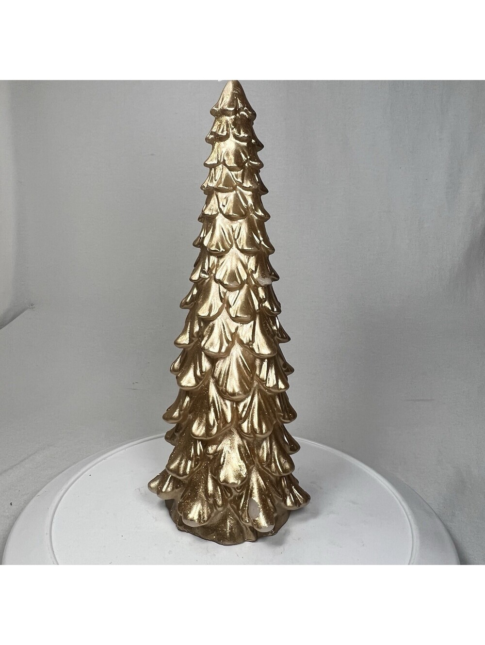 Vintage Christmas Tree Wax Candle Cream Gold Glitter Unburned 15 in. Tall.